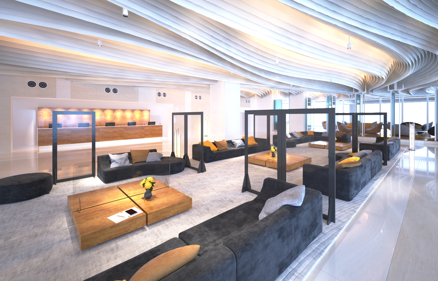 Mampara separaci&oacute;n en hall hotel, madera y metraquilato, mampara alta separaci&oacute;n de ambientes